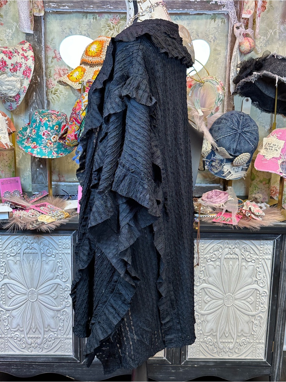Blue Velvet Ruffle Poncho Top-Black - Picture 8 of 10